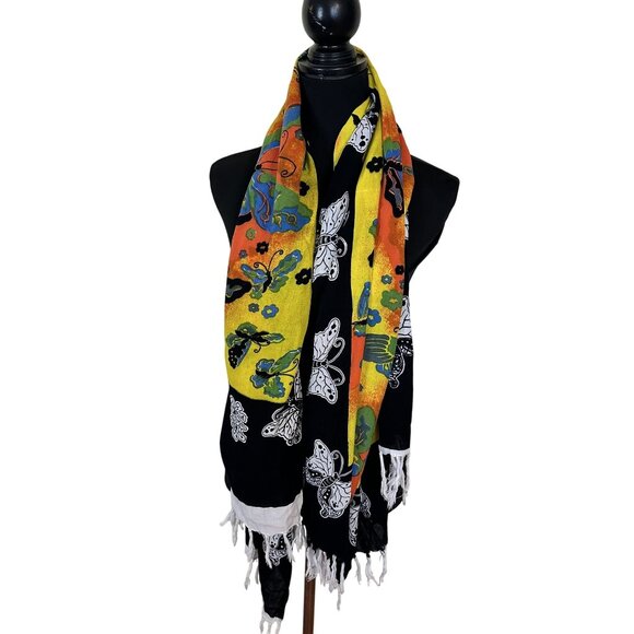 Butterfly Print Scarf Shawl Sarong Black Yellow Orange Tropical Resort Wear - Picture 1 of 7